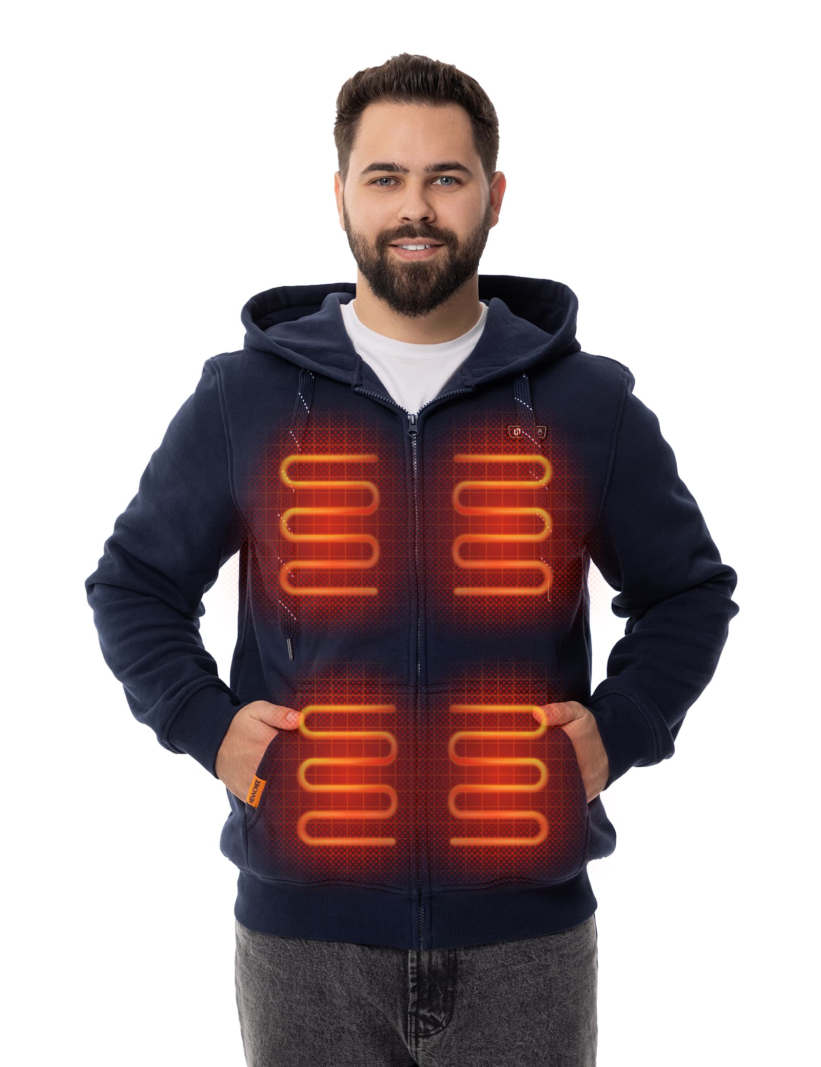 Hennchee Men's Dual-Control Heated Full-Zip Hoodie Navy internal heating elements diagram view