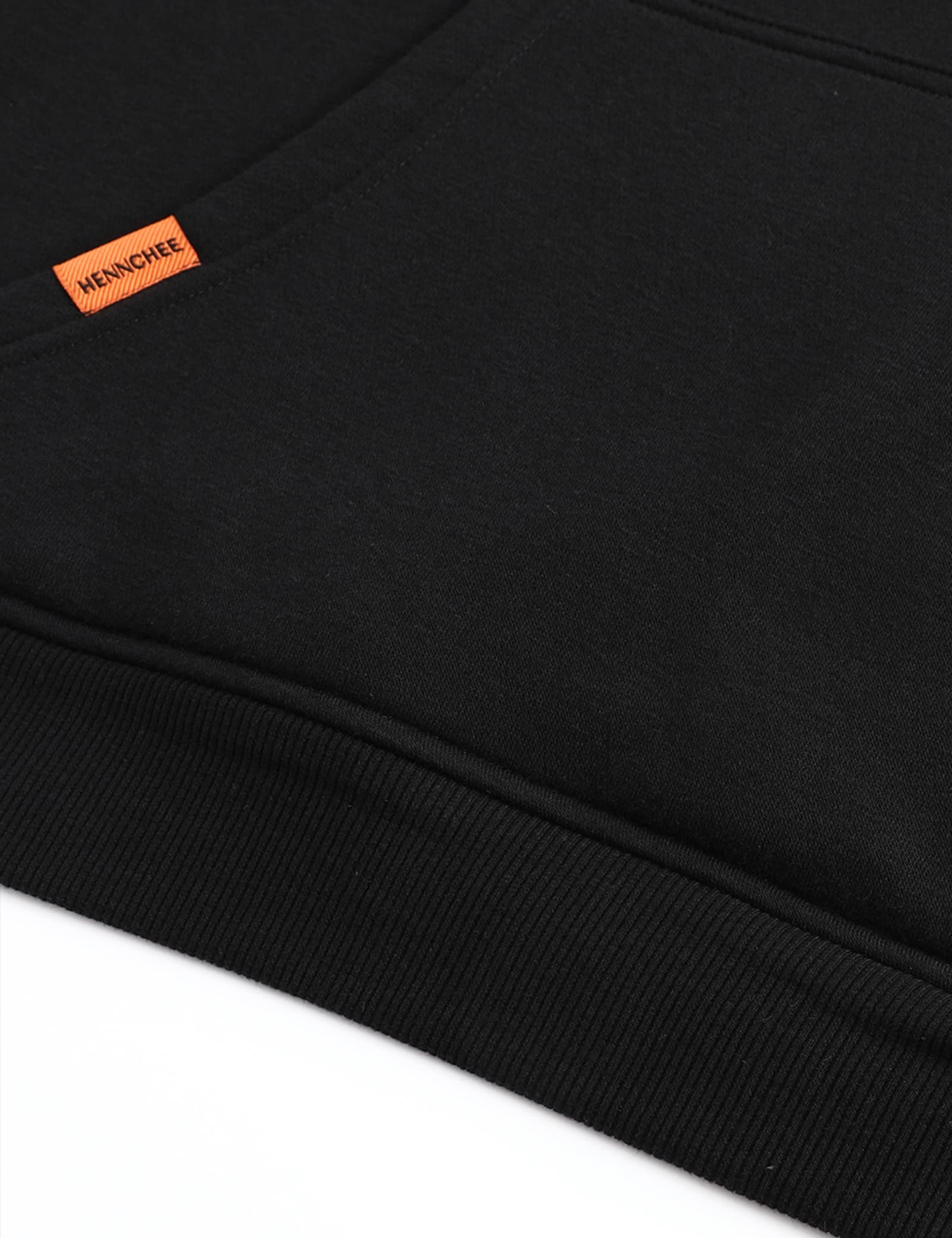 Hennchee Men's Dual-Control Heated Pullover Hoodie black ribbed hem with orange brand tag view