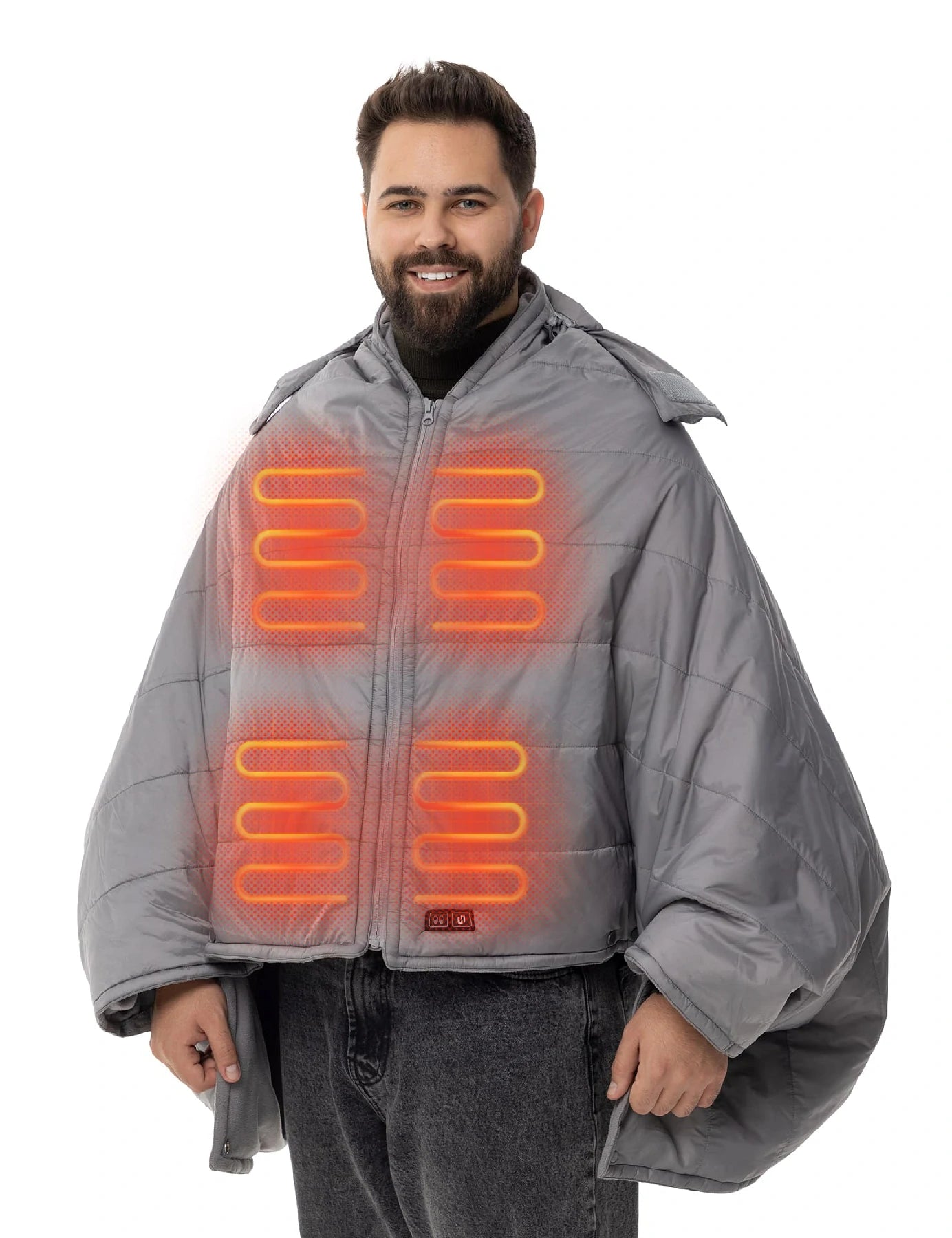 Hennchee men's grey 12V heated poncho internal heating zones diagram