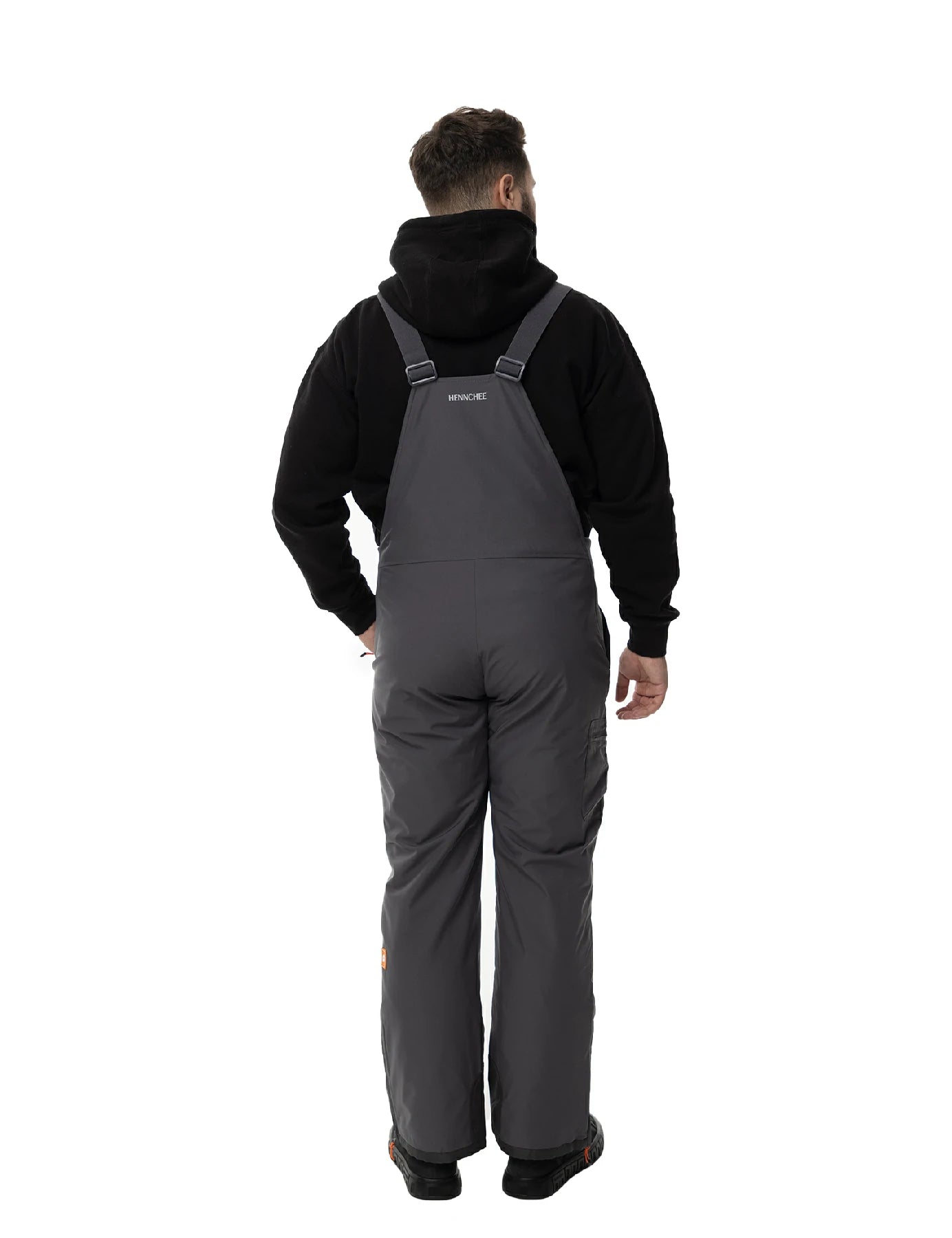 Hennchee men's heated bib overalls grey full back view