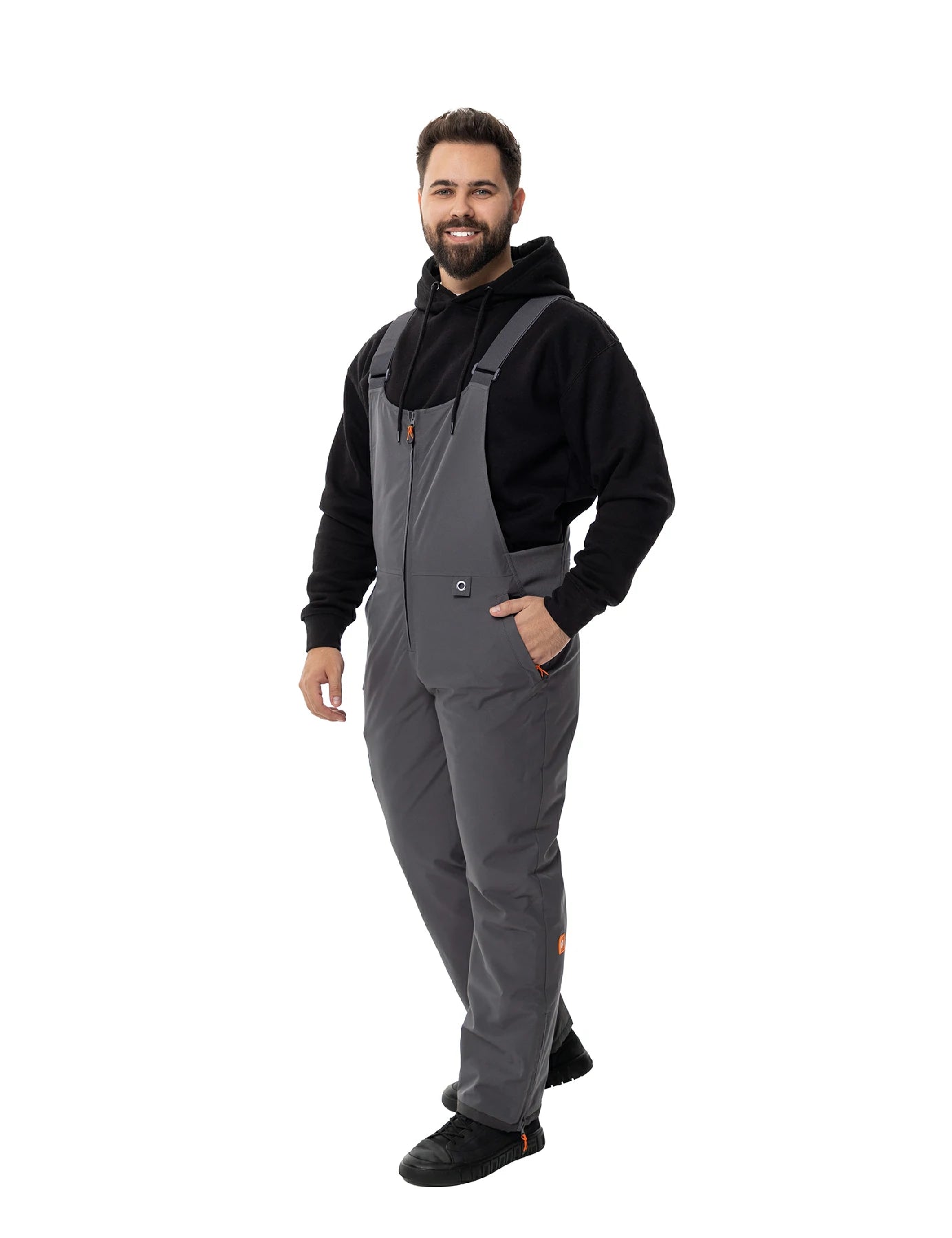 Hennchee men's heated bib overalls grey full side view