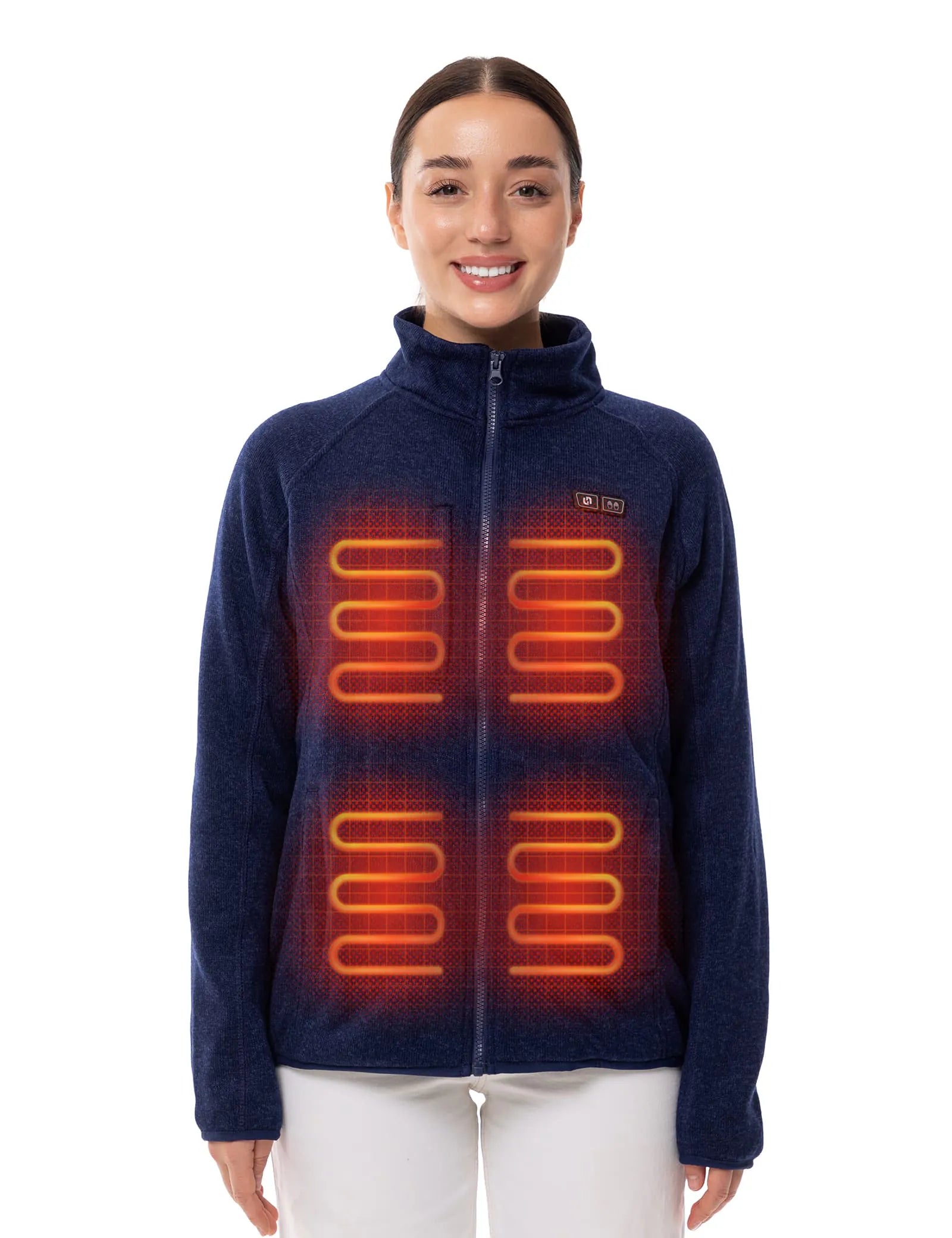 Hennchee Women's 12V Dual Control Heated Fleece Jacket navy internal heating elements diagram view
