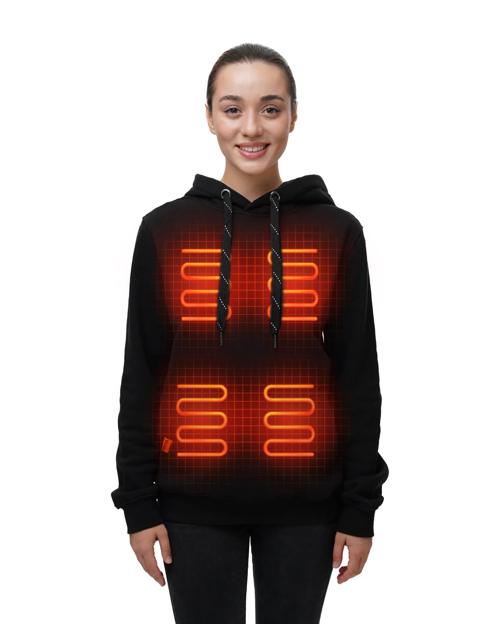 Hennchee Women's Dual-Control Heated Pullover Hoodie black internal heating elements diagram view