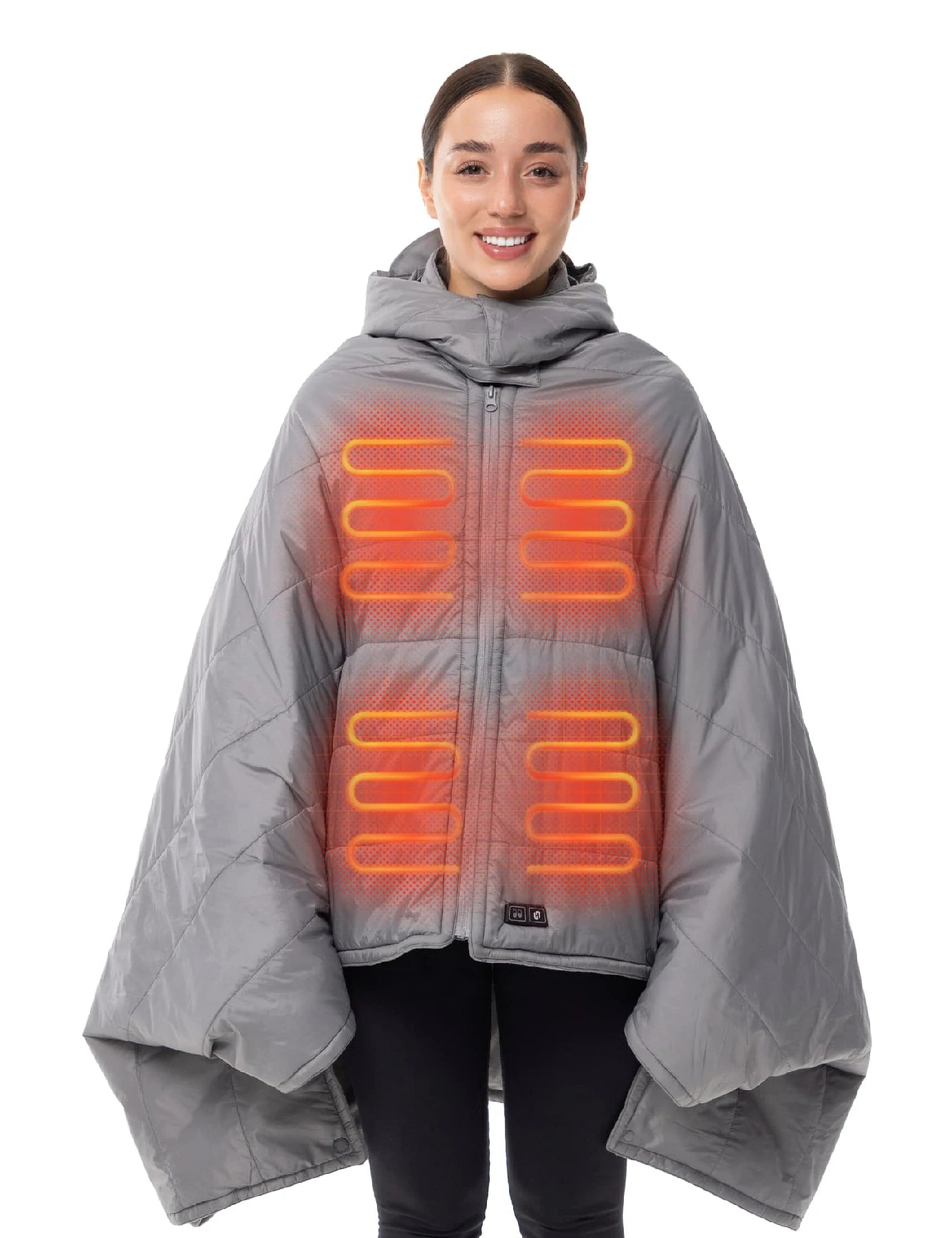 Hennchee women's grey 12V heated poncho internal heating zones diagram