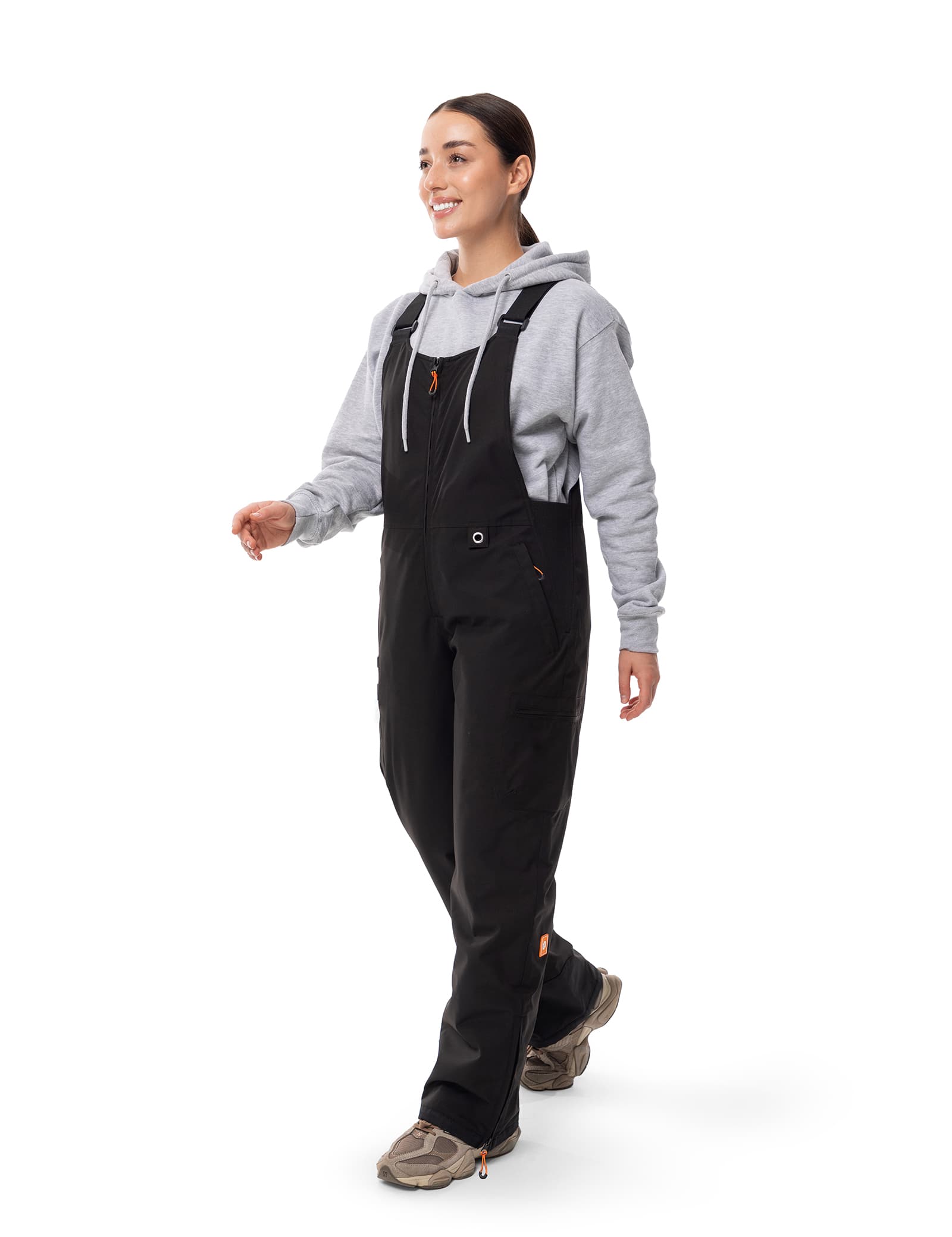 Hennchee women's heated bib overalls black full side view