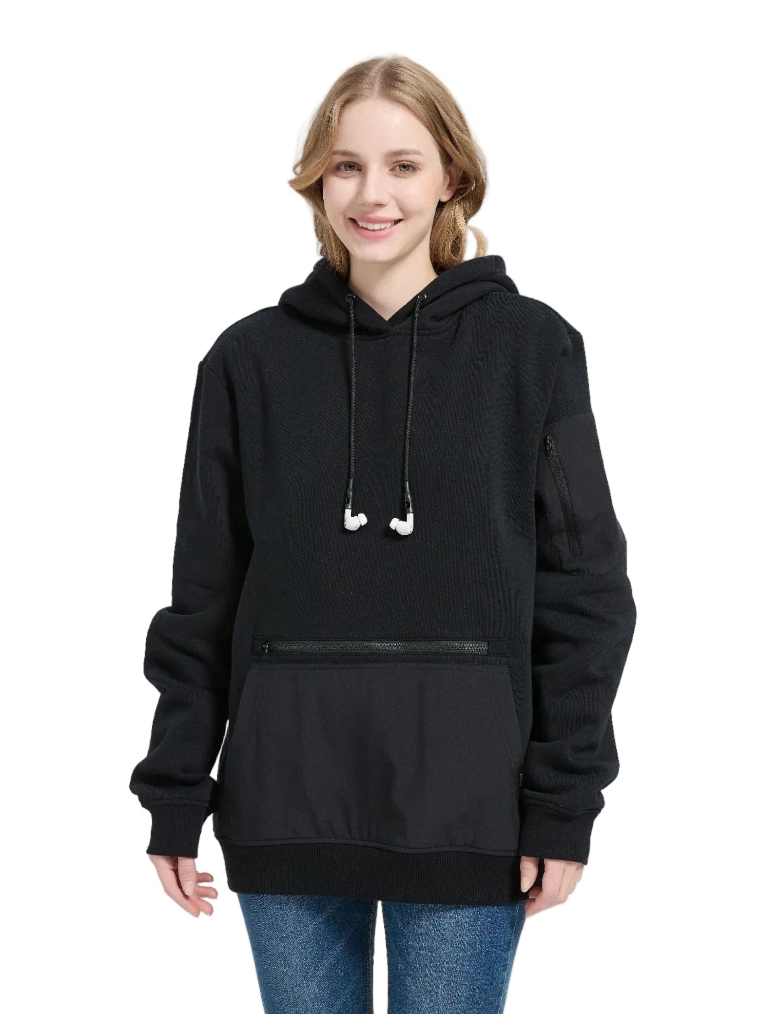 Secure earbud storage and built-in clasps on the Relexit comfort travel hoodie to prevent loss