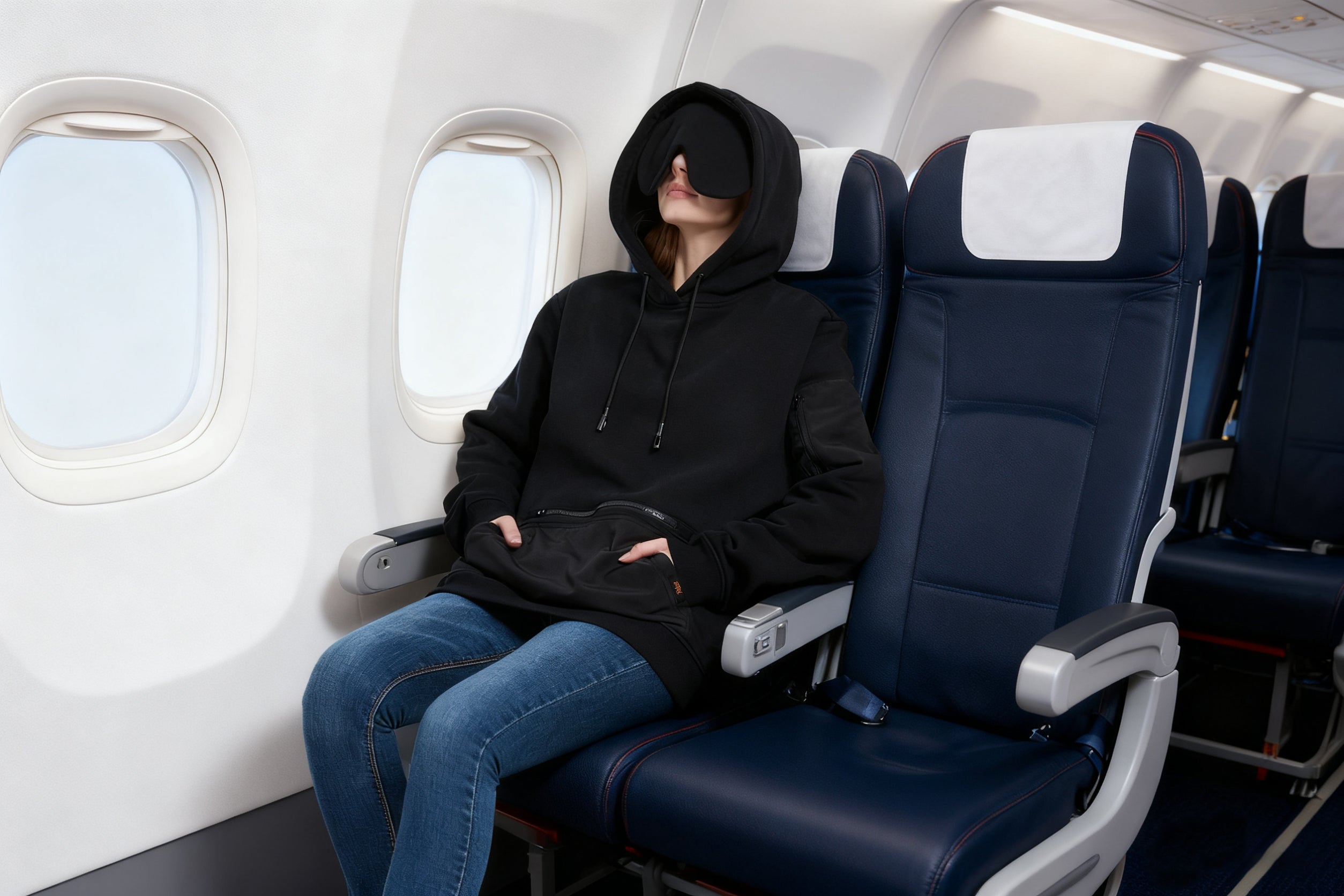 A woman resting in an airplane seat wearing a black Relexit travel hoodie