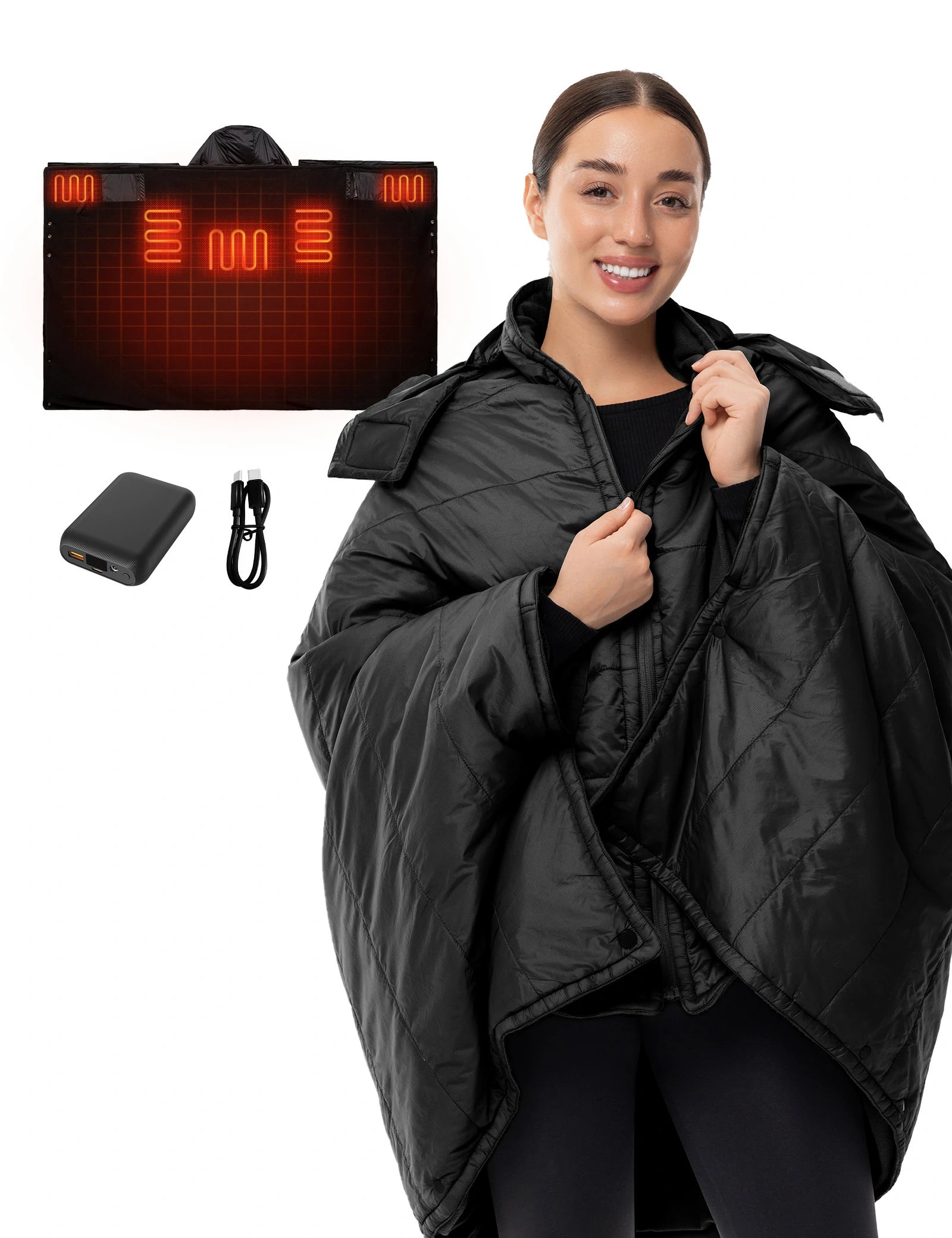 Unisex Heated Wearable Blanket Poncho 70" x 42" with 12V Battery