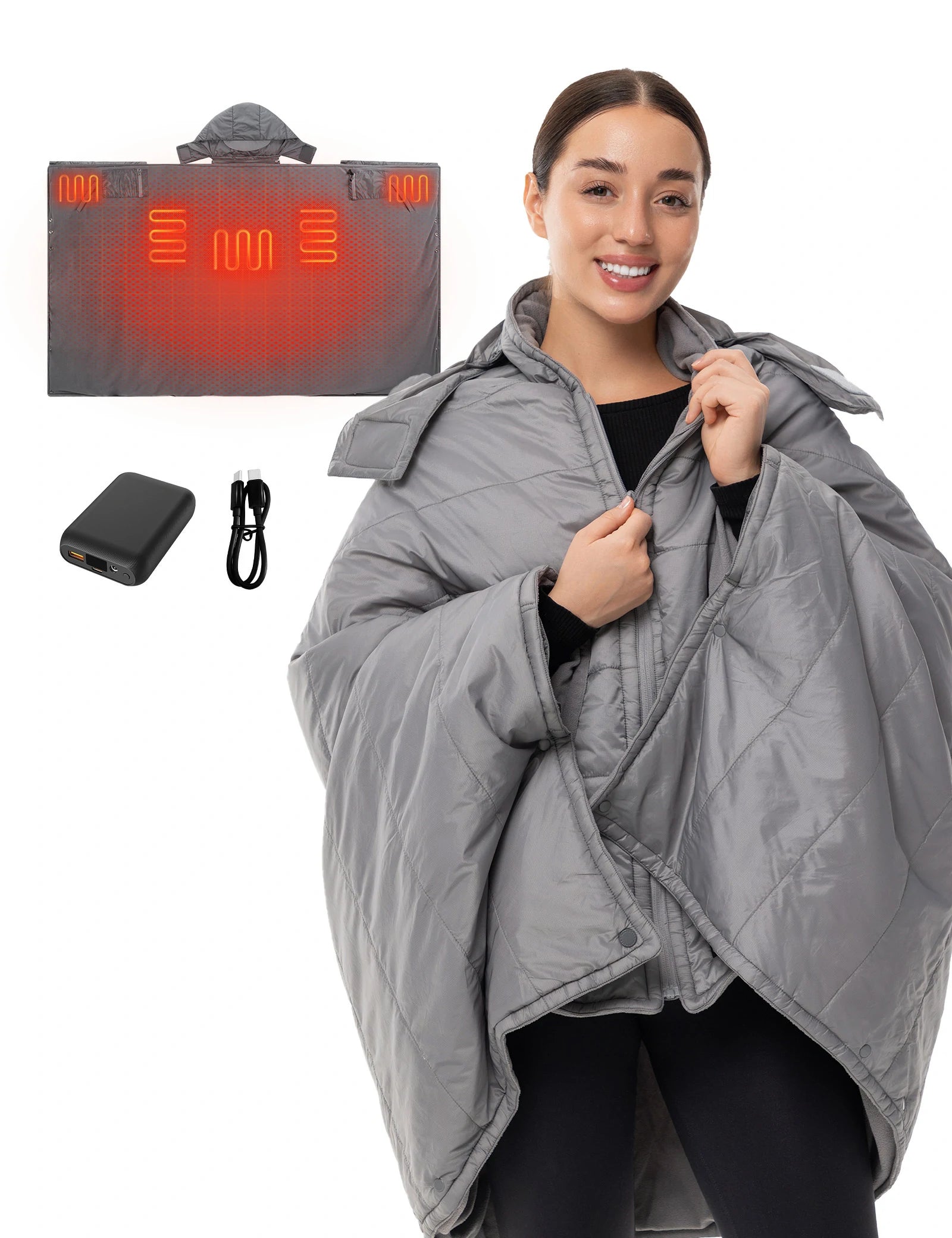 Unisex Heated Wearable Blanket Poncho 70" x 42" with 12V Battery