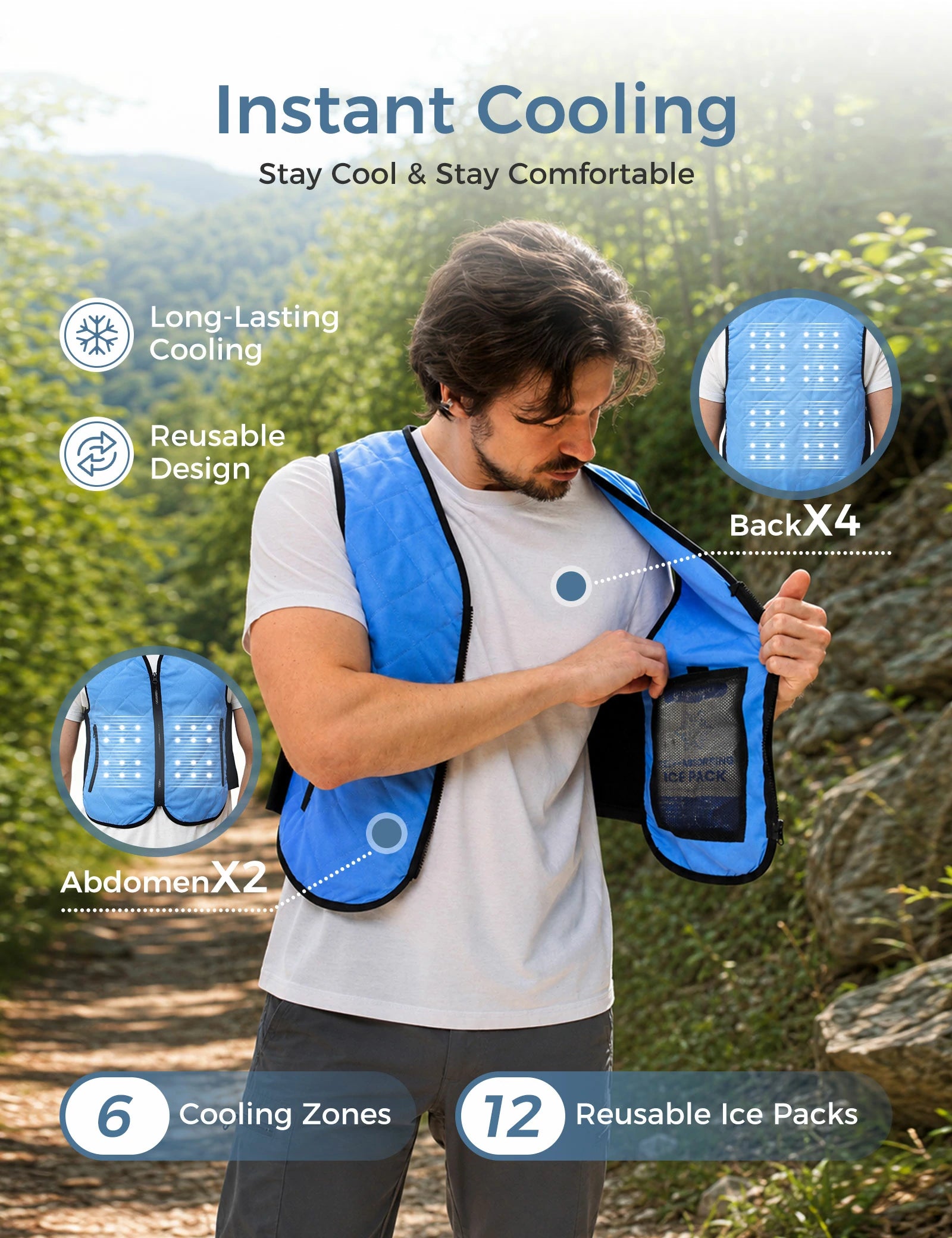 Cooling Vest with 12 Ice Packs - Blue