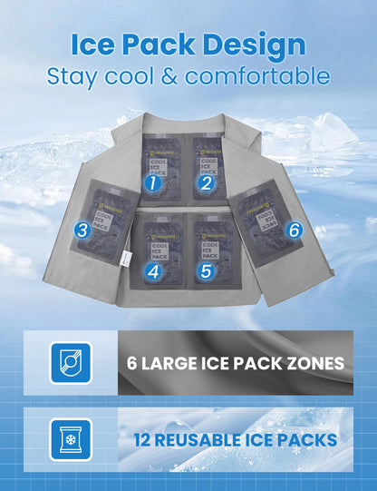 Reflective Cooling Vest with 12 Ice Packs - Grey