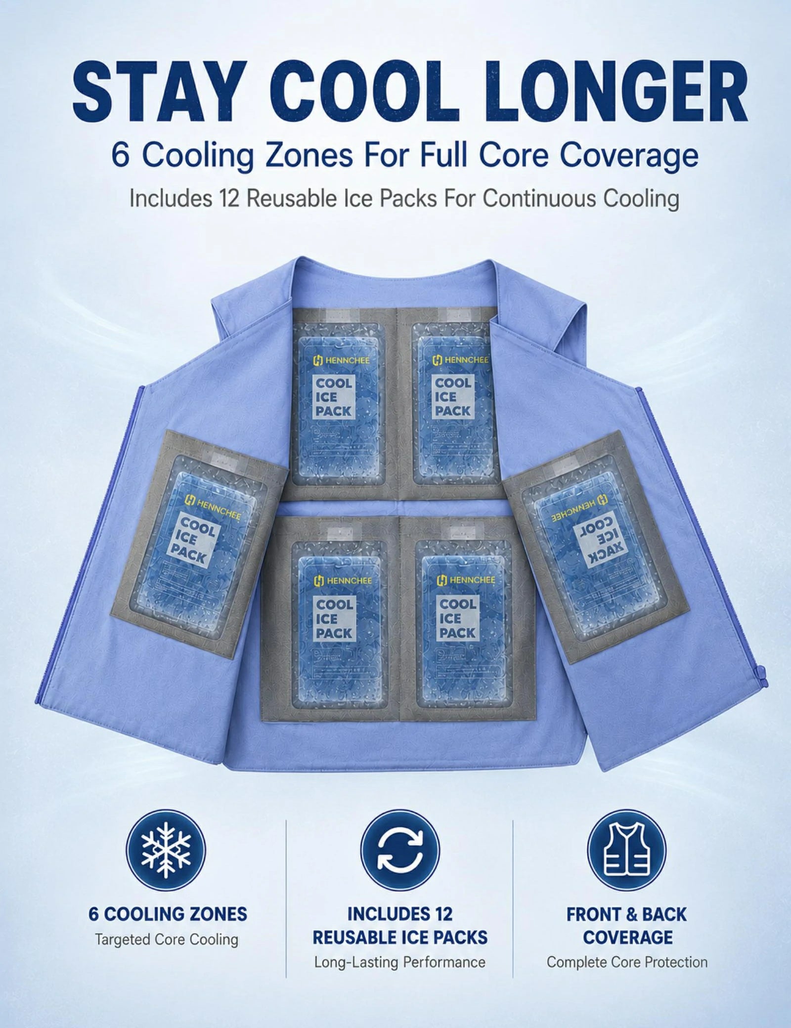 Reflective Cooling Vest with 12 Ice Packs - Blue