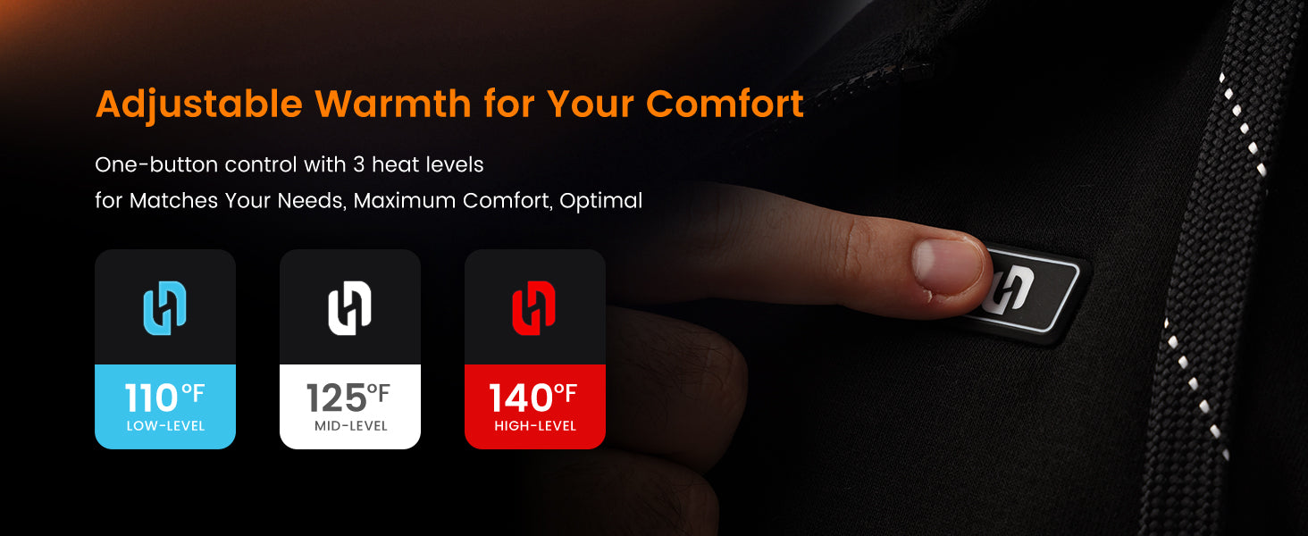 Hennchee heated hoodie 3 heat levels control - one-button adjustment for 110°F low, 125°F mid, 140°F high warmth