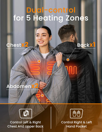 Unisex Heated Wearable Blanket Poncho 70" x 42" with 12V Battery