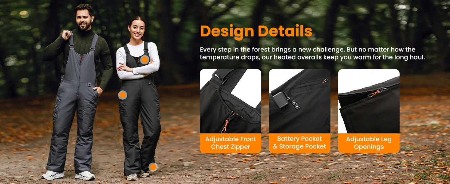 Hennchee heated bib overalls functional design features including zipper and utility pockets