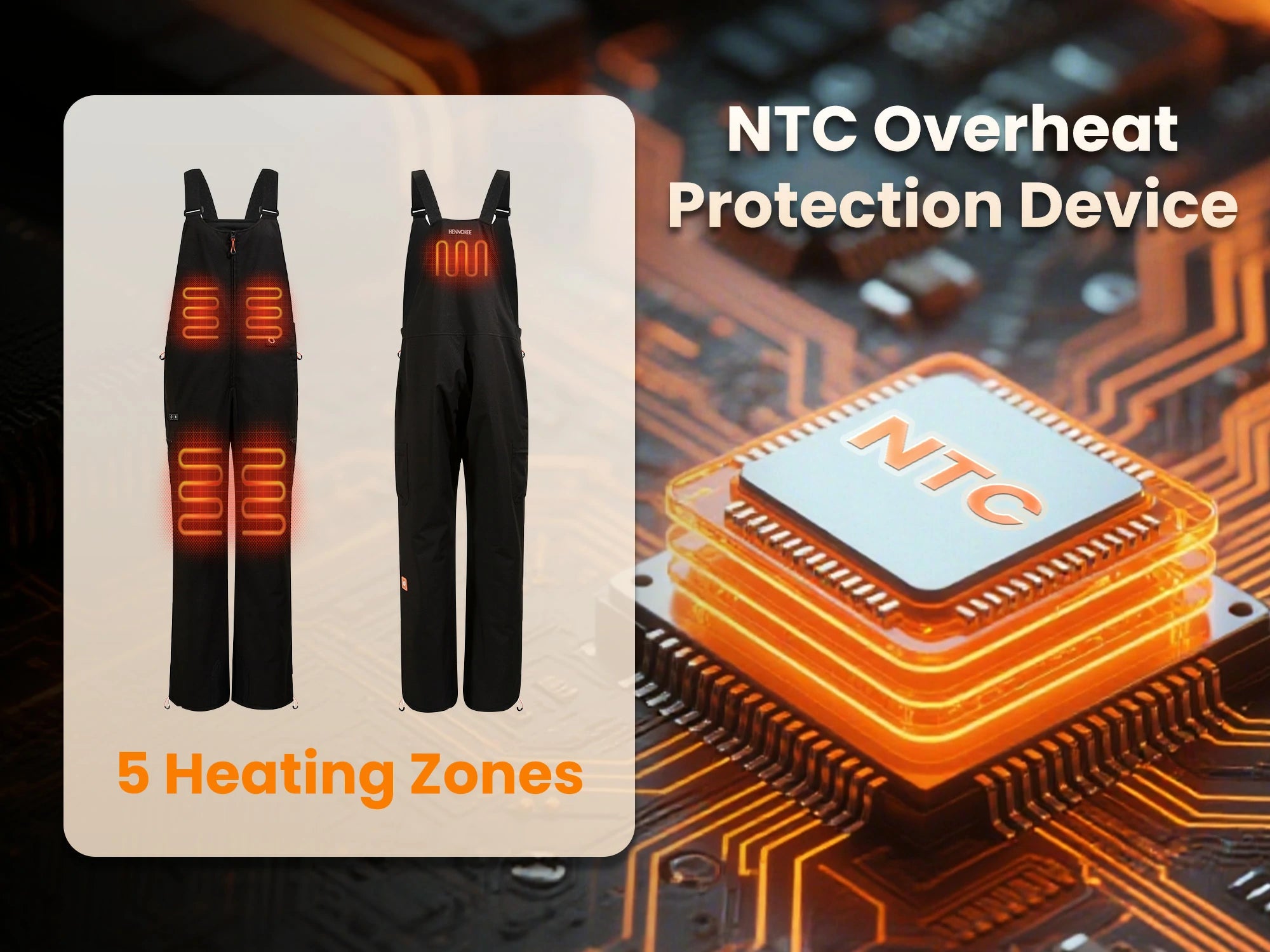 Hennchee heated bib overalls NTC overheat protection safety device and 5 heating zones diagram