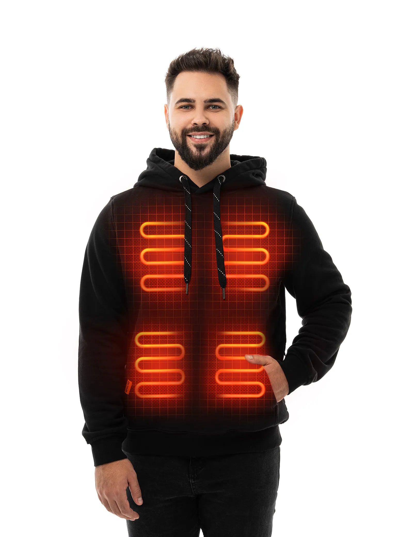Hennchee Men's Dual-Control Heated Pullover Hoodie black internal heating elements diagram view