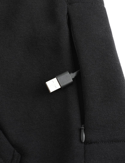 Hennchee Men's Dual-Control Heated Pullover Hoodie black USB power cable and battery pocket view