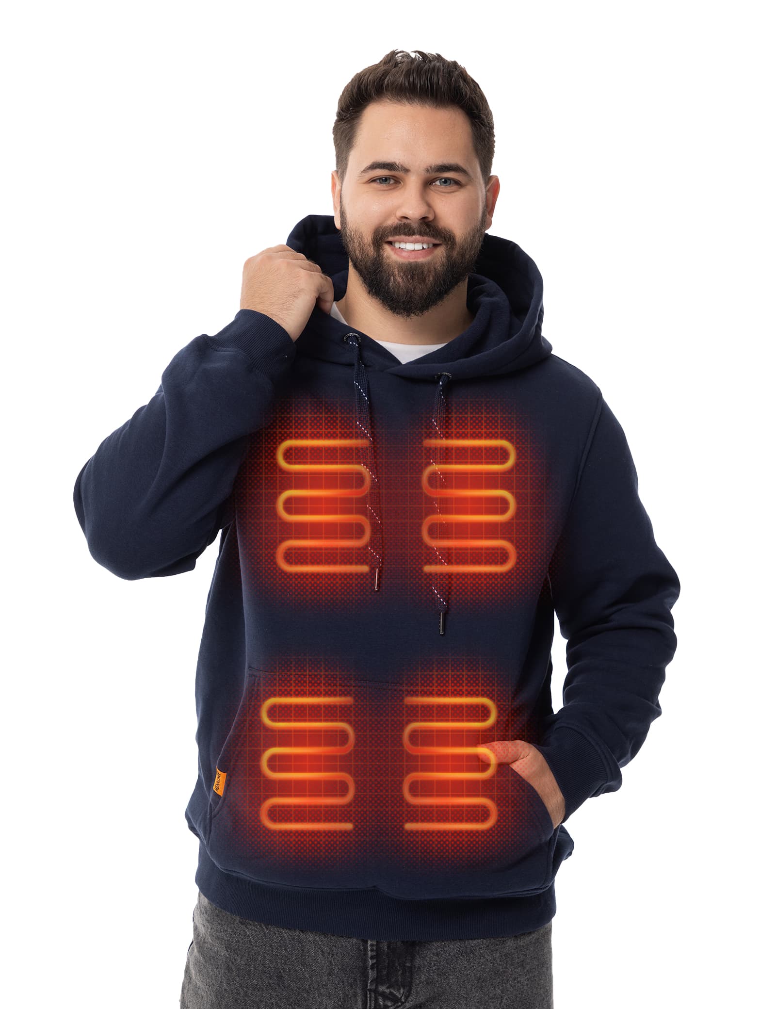 Hennchee Men's Dual-Control Heated Pullover Hoodie Navy internal heating elements diagram view