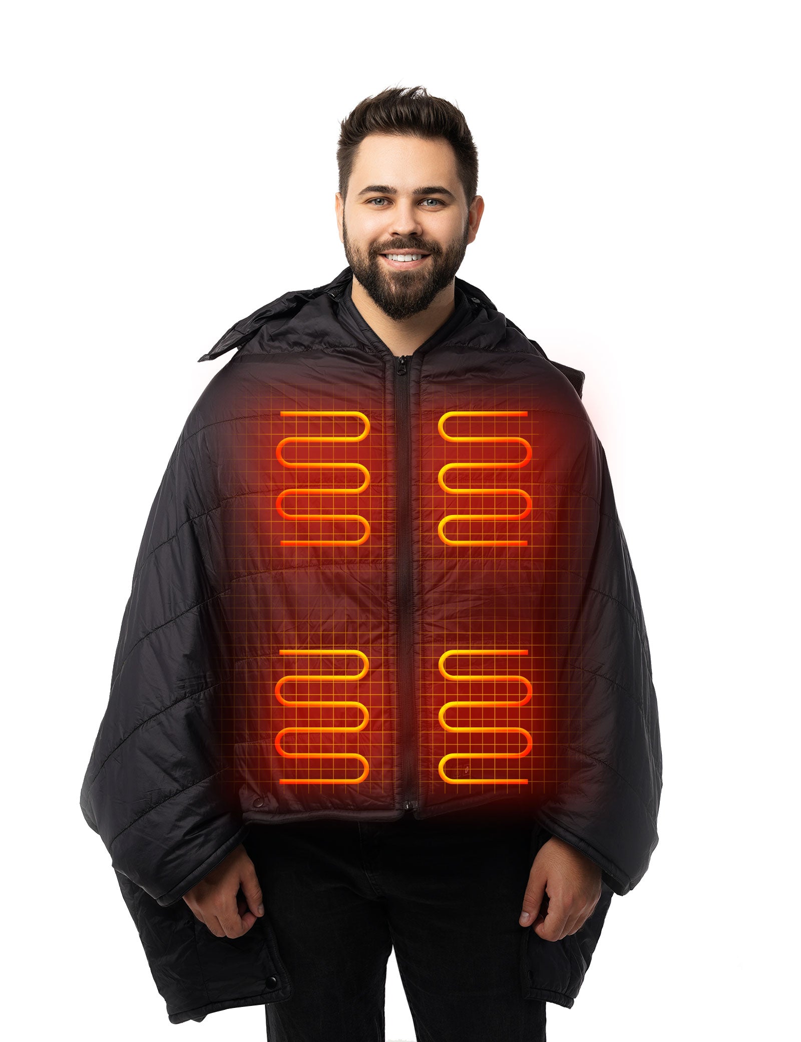 Hennchee men's black 12V heated poncho internal heating zones diagram
