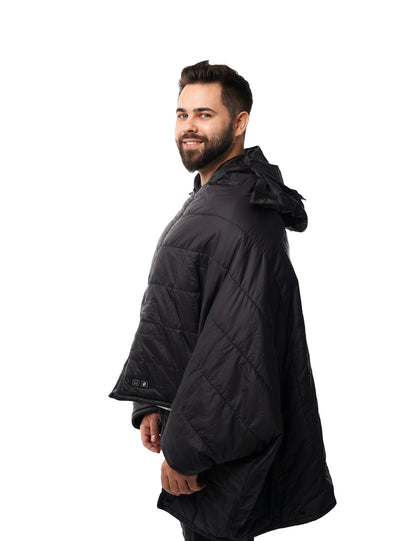 Hennchee men's black 12V heated poncho side profile view