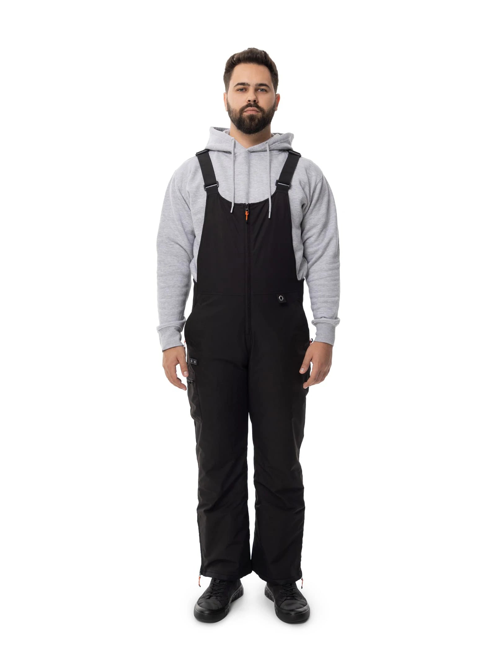 Hennchee men's heated bib overalls black full front view