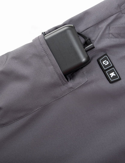 Hennchee men's heated bib overalls grey battery pack and power buttons