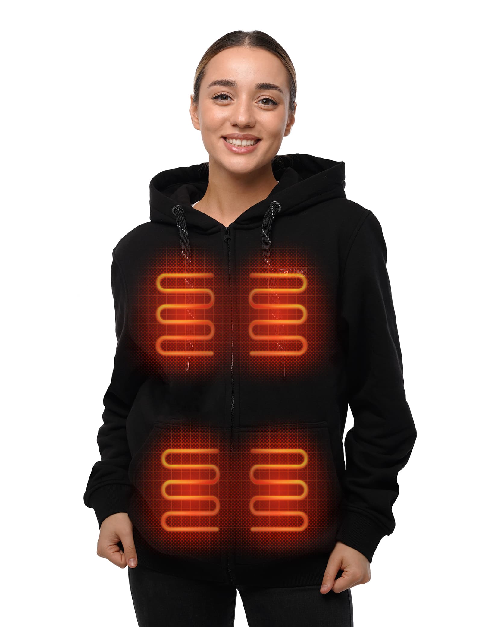 Hennchee Women's Dual-Control Heated Full-Zip Hoodie black internal heating elements diagram view