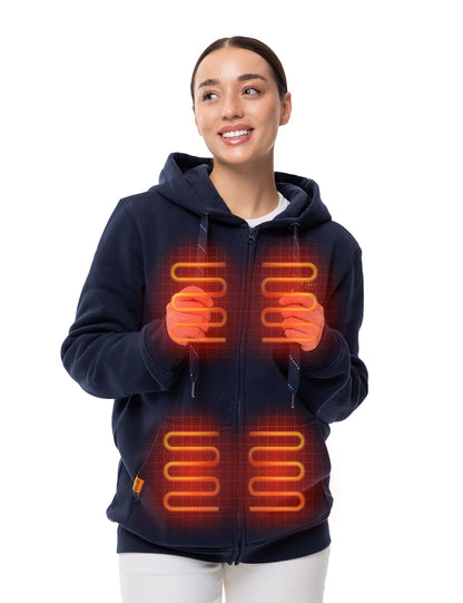 Hennchee Women's Dual-Control Heated Full-Zip Hoodie Navy internal heating elements diagram view