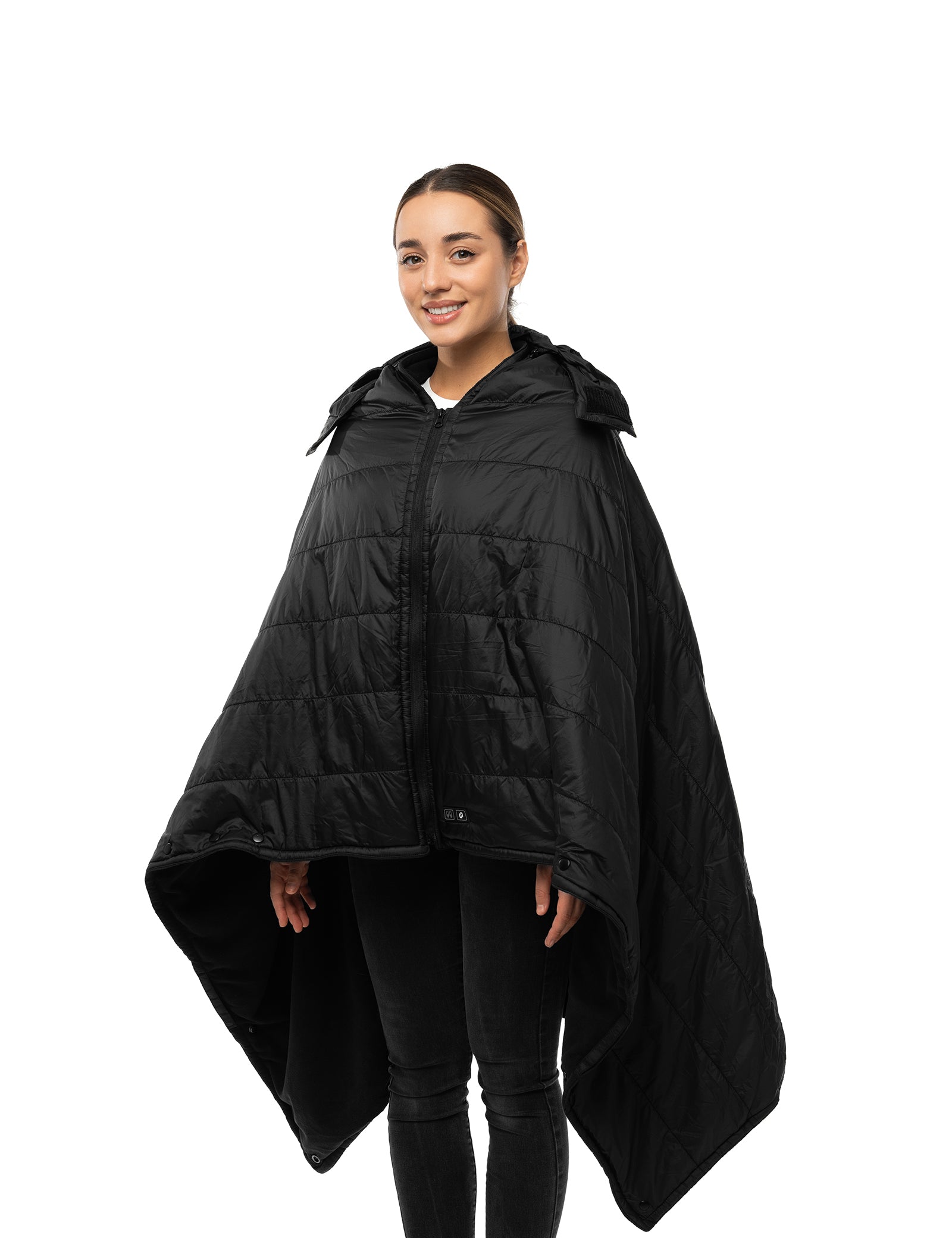 Hennchee women's black 12V heated poncho full front view