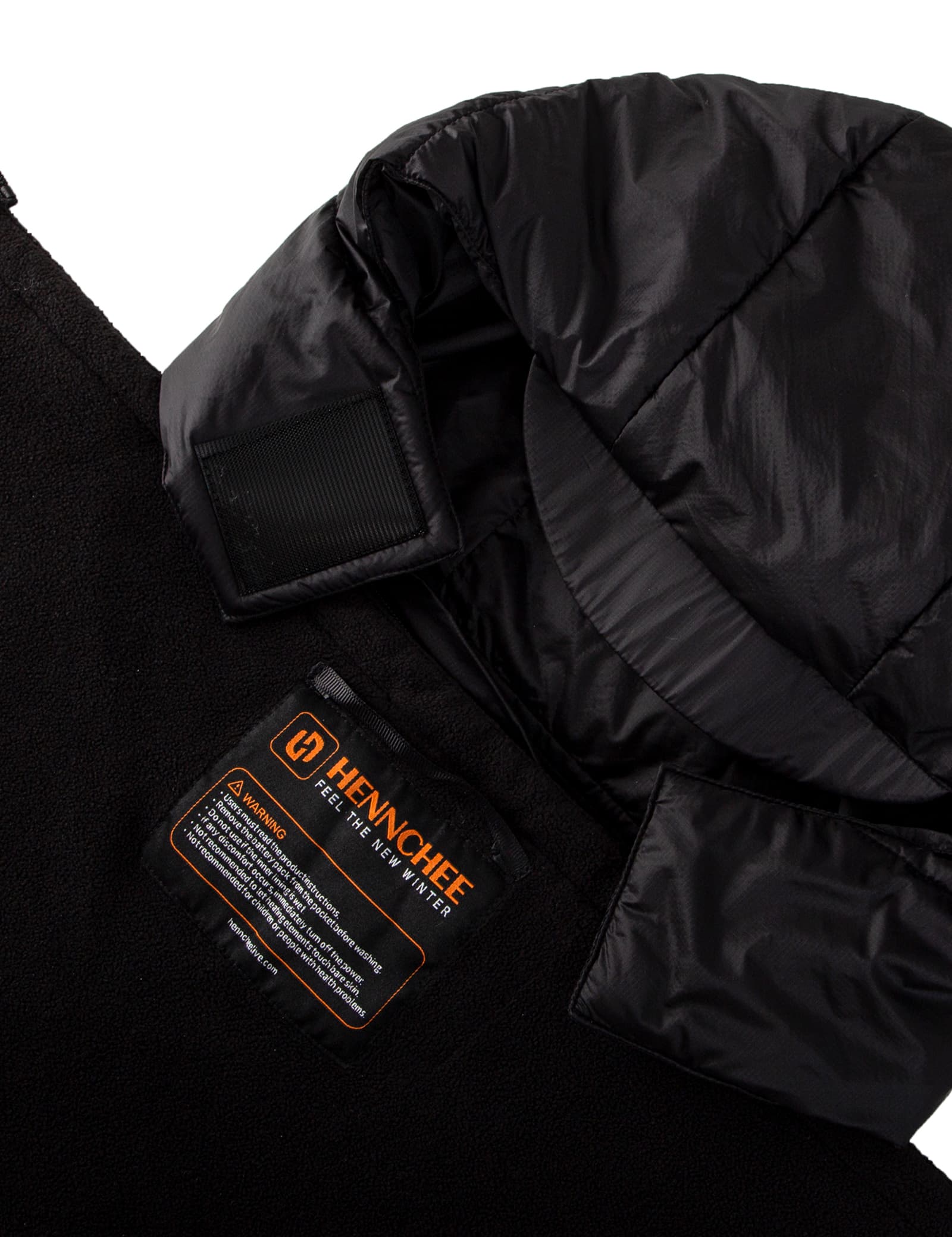 Hennchee women's black 12V heated poncho hood and brand warning label