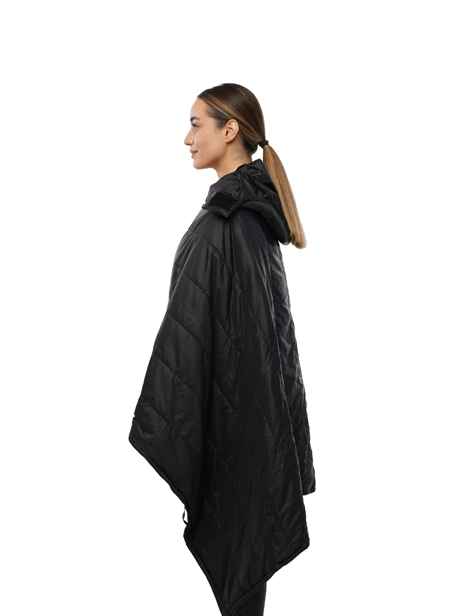 Hennchee women's black 12V heated poncho side profile view