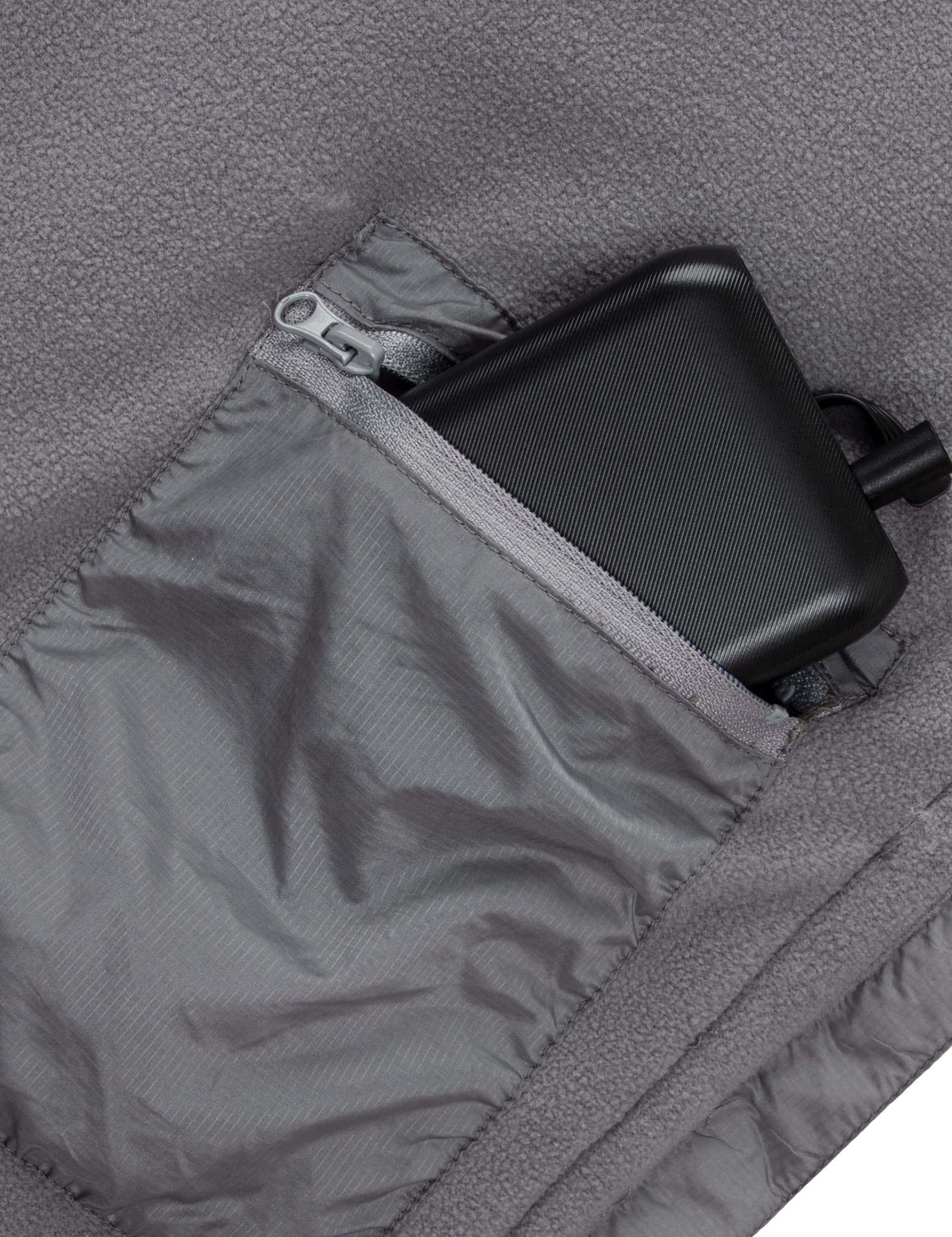 Hennchee women's grey 12V heated poncho battery pack in zippered pocket