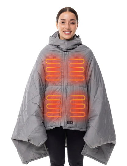 Hennchee women's grey 12V heated poncho internal heating zones diagram