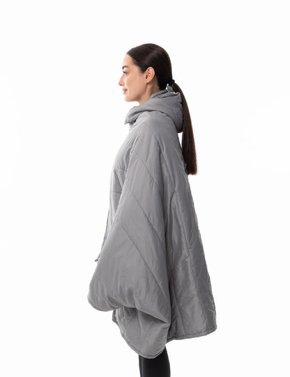 Hennchee women's grey 12V heated wearable blanket poncho side profile view