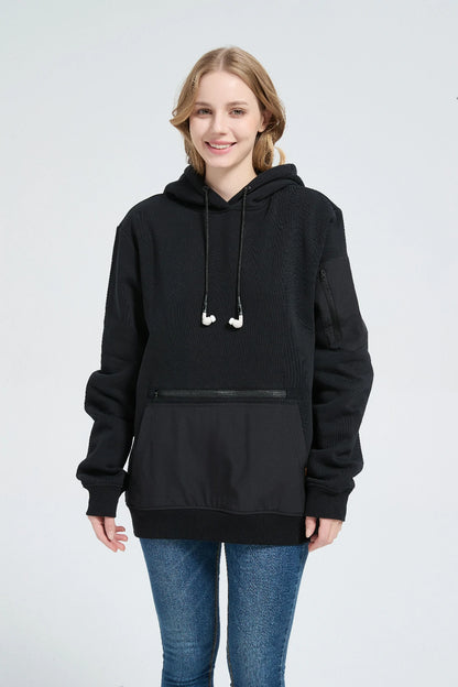 Secure earbud storage and built-in clasps on the Relexit comfort travel hoodie to prevent loss